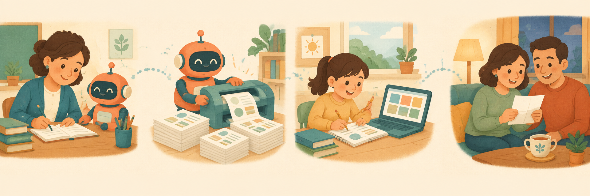 Comic strip of a school day: the teacher logs a topic, papers are prepared, a student studies, and parents read an update together