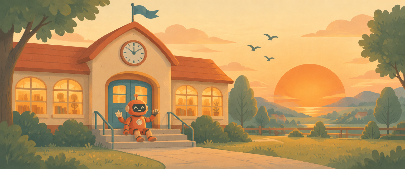 Illustration of a cozy school at sunset with Raman the robot waving from the steps