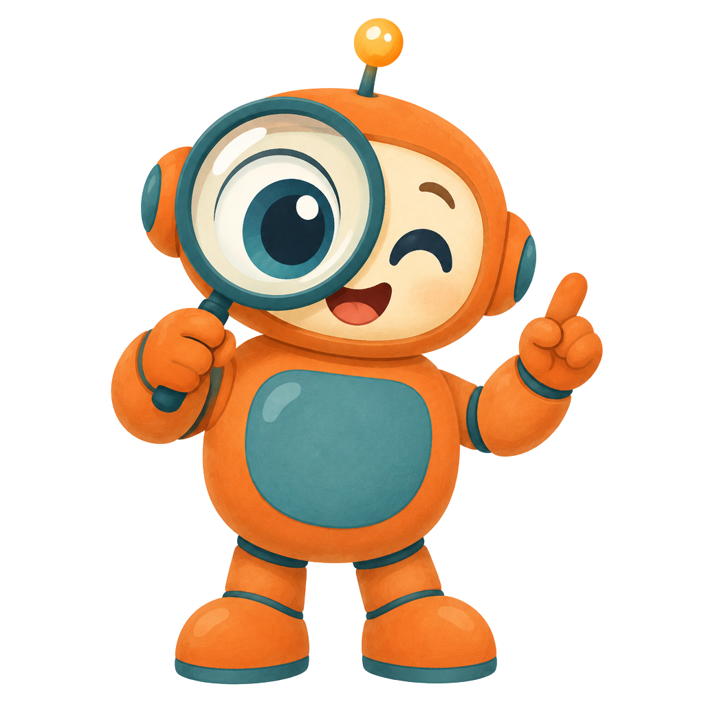 Illustration of Raman, the friendly robot tutor, peering through a magnifying glass